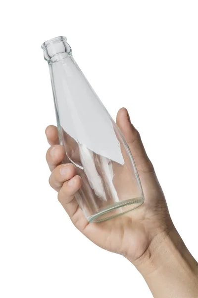 Vrouw Hand Houden Lege Glazen Fles Transparant Witte Achtergrond Bestand — Stockfoto
