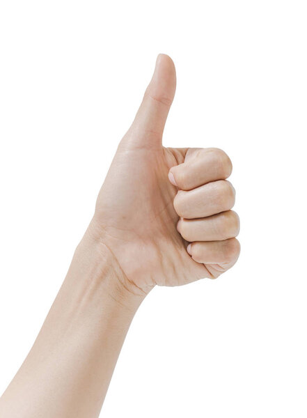 woman hand show thumb up isolated on white background is a good sign. File contains a clipping path.