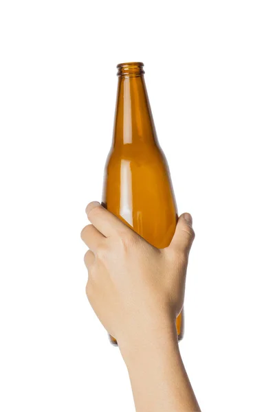 Vrouw Hand Houden Lege Bierfles Transparant Witte Achtergrond Bestand Bevat — Stockfoto