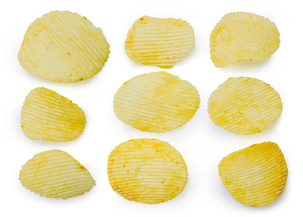 Samling Stekt Potatis Chips Mellanmål Vit Skål Isolerad Vit Bakgrund — Stockfoto