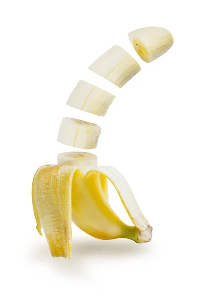Fruta Tropical Banana Descascada Fatiada Isolado Fundo Branco Arquivo Contém — Fotografia de Stock