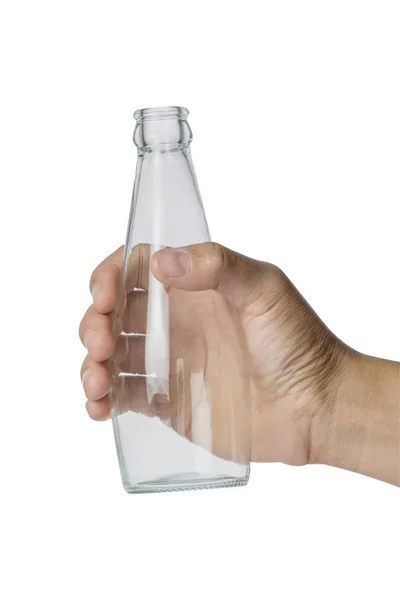 Ręka Kobiety Trzymającej Pustą Szklaną Butelkę Przezroczystą Białym Tle Plik — Zdjęcie stockowe