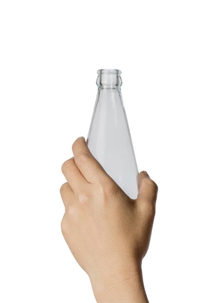 Рука Женщины Держит Пустую Стеклянную Бутылку Прозрачным Белом Фоне Файл — стоковое фото