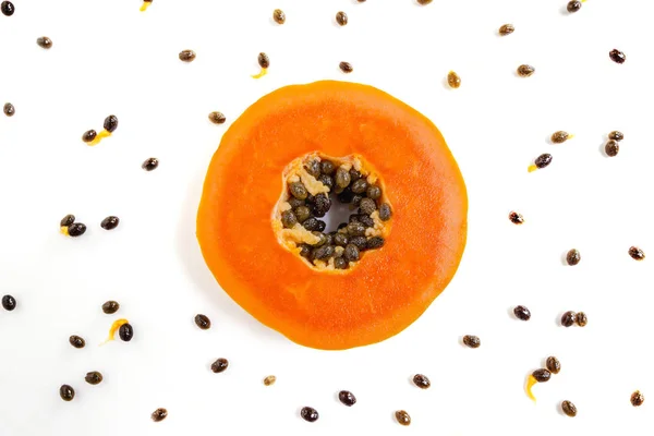 Top View Close Slice Ripe Papaya Fruits Seed Isolated White — Stock Photo, Image