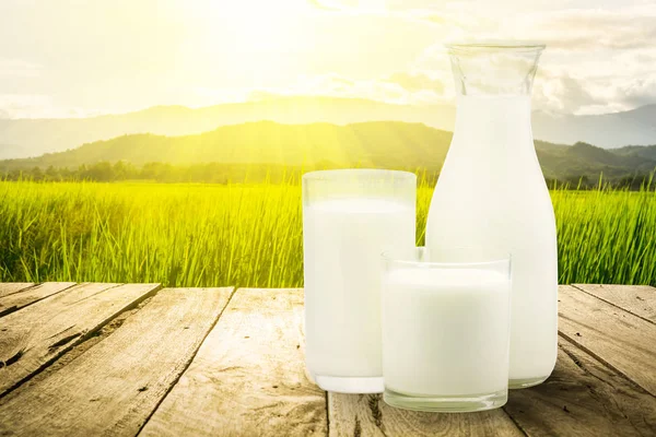 Nära Håll Flaska Mjölk Och Glas Träterrassen Med Gröna Äng — Stockfoto