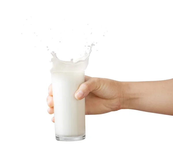 Hand Som Håller Glas Mjölk Med Splash Isolerad Vit Bakgrund — Stockfoto