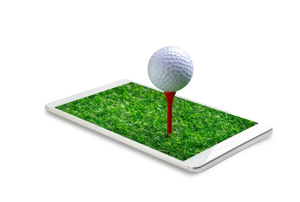 Közelről Golf Labda Tee Kampókat Smartphone Elszigetelt Fehér Background Koncepció — Stock Fotó