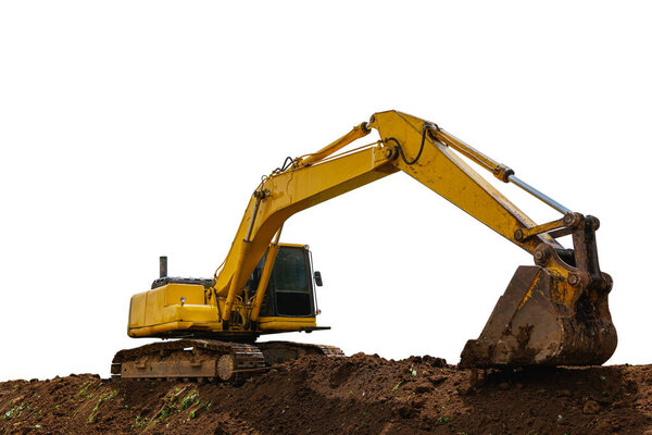 Backhoe working on pile soil isolated on white background with clipping path