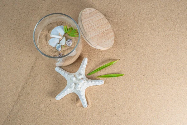 Vista Superior Playa Arena Con Estrella Mar Conchas Tarro Cristal — Foto de Stock