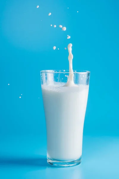 milk in a glass on blue background with splash