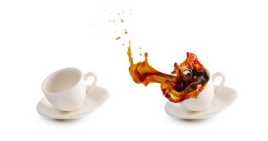 empty white coffee cup and hot coffee cup spilling on floor with water splash isolated on white background with clipping path clipart