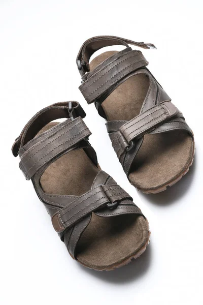 Sko Mäns Brunt Läder Sandal Isolerade Vit Bakgrund Shoat Studio — Stockfoto