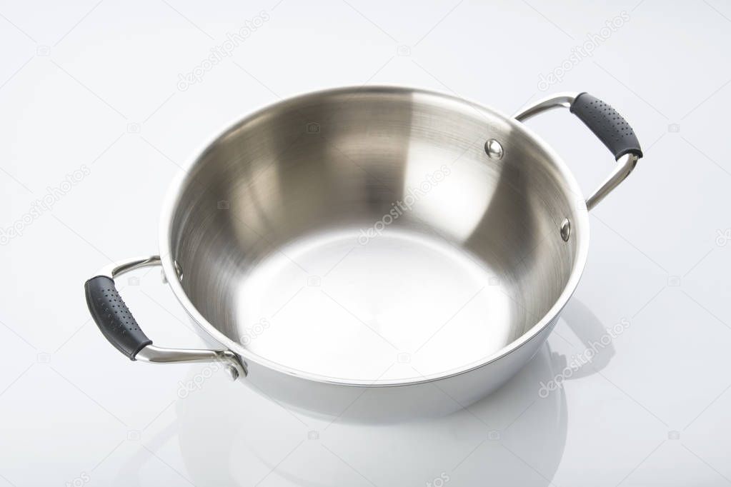 Kitchen: Top View of Stainless Steel Pan  Isolated on White Background Shot in Studio