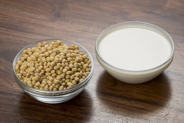 Food Bowls Soy Milk Soybeans Isolated Wooden Background — Stock Photo, Image