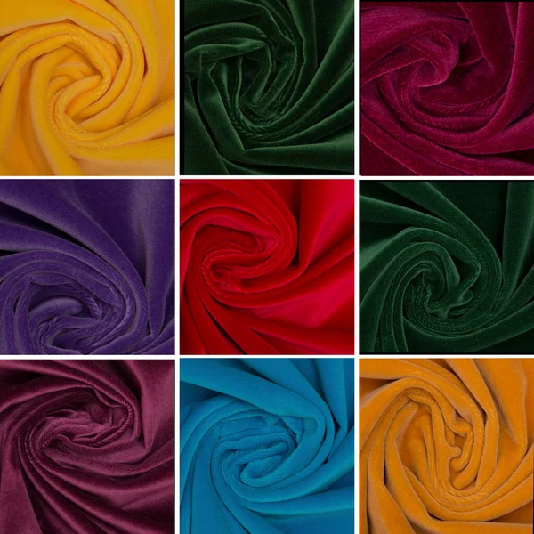 Renkli kumaş kolajı. Drapery. Çok renkli tekstil seti. Kumaş arkaplan, 9 fotoğraf kolajı, sarı, kırmızı, mavi, yeşil