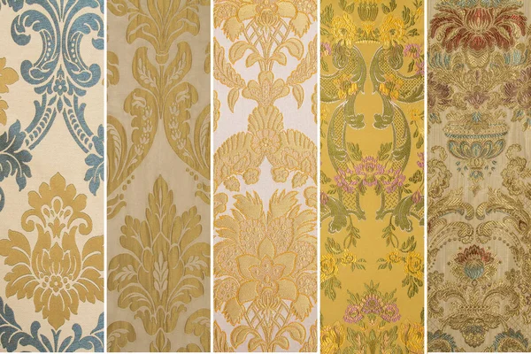 Renkli kumaş kolajı. Çok renkli tekstil seti. Kumaş arkaplan, 5 fotoğraflık kolaj