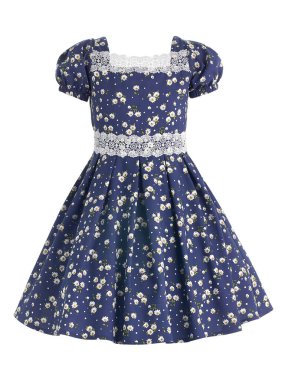 Summer dress for girls with white flowers on a blue background clipart