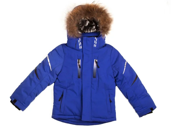 Warme Jacke Mit Pelz Auf Der Kapuze Von Blauer Farbe — Stockfoto