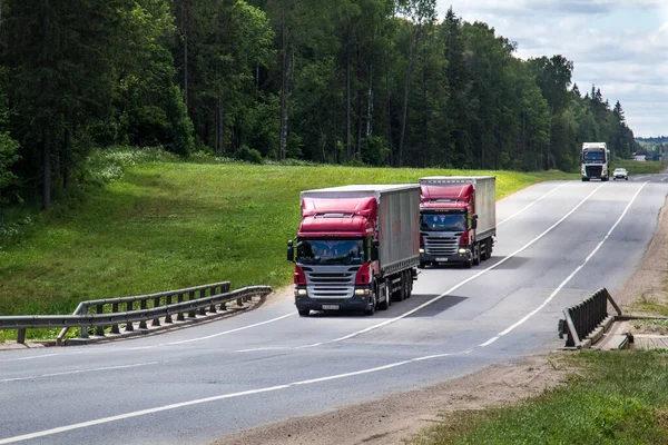 Birbirinin aynı iki ağır vasıta yolda gidiyor, malları taşıyorlar.