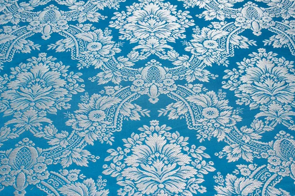 Pattern Fabric Brocade Repeating Pattern Flowers Geometric Elements Blue Fabric — Stock Photo, Image