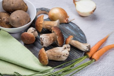 Hafif arka planda beyaz orman mantarları. Organik mantar pişiriyorum. Yaz hasadı. Yatay konum