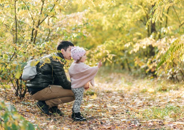 Küçük sevimli kız parkta babası ile oynuyor, açık. Sonbahar zamanı. Yeşil otlu sarı yapraklar