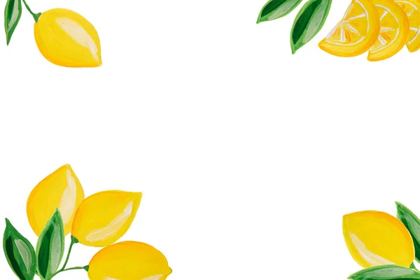 Frame Hand Draw Lemon Fruits Isolated White Acrylic Painting Illustration — Stock Photo, Image