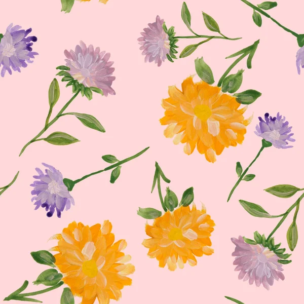 set of hand painted acrylic flowers. lilac purple orange abstract modern floral collection. isolated on pink. art design elements. seamless pattern. watercolor background
