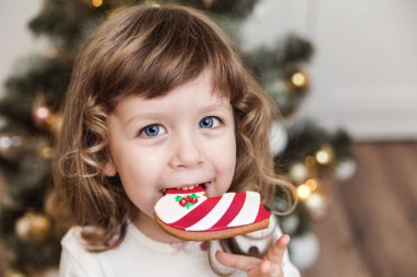 Noel ağacının önünde, zencefilli ekmeği olan güzel bir kız. Tatiller, yeni yıl ve Noel konsepti..