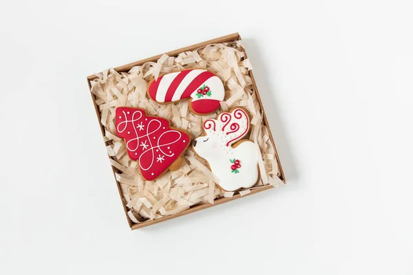 Caixa Artesanato Com Biscoitos Gengibre Natal Árvore Forma Veados Vista — Fotografia de Stock