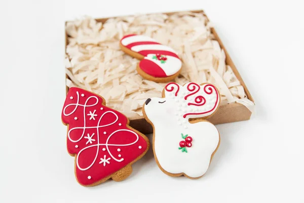 Caixa Artesanato Com Biscoitos Gengibre Natal Árvore Forma Veados Fundo — Fotografia de Stock