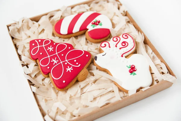 Caixa Artesanato Com Biscoitos Gengibre Natal Árvore Forma Veados Fundo — Fotografia de Stock