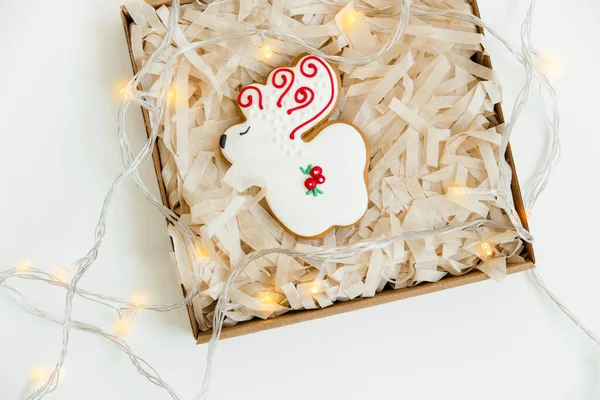 Ano Novo Biscoitos Gengibre Natal Luz Natal Cervos Forma Vista — Fotografia de Stock