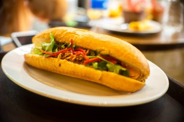 Dilimlenmiş domuz filetosu, doğranmış havuç, soyulmuş salatalık, jalapeno biberi ve bulanık arkaplanda kişniş soslu geleneksel Vietnam banh-mi sandviçi.
