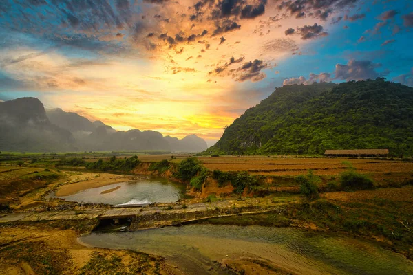 Morning scene in a field in a rural area of Quang Binh, Vietnam