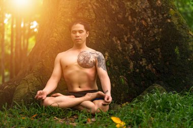 Genç Asyalı adam terini siliyor ve parkta yoga egzersizleri yapıyor. Yoga ve zen kavramı.