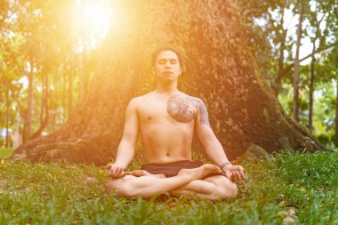Genç Asyalı adam terini siliyor ve parkta yoga egzersizleri yapıyor. Yoga ve zen kavramı.
