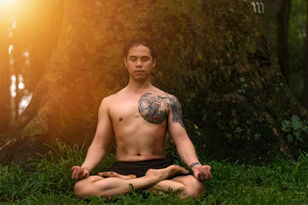 Genç Asyalı adam terini siliyor ve parkta yoga egzersizleri yapıyor. Yoga ve zen kavramı.