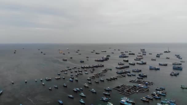 除了悬崖峭壁 石滩外 鸟瞰越南平川富贵岛的海景 岛上还有清澈的蓝水 漂浮的木筏和传统的木船 — 图库视频影像