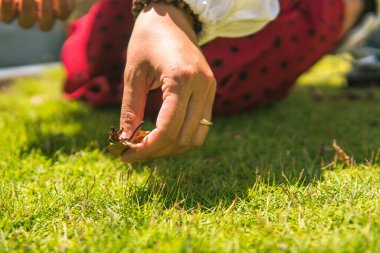 Kimliği belirlenemeyen bir kadının, mezarın etrafından yapraklar ve kır çiçekleri toplarken çekilmiş bir fotoğrafı. Manevi ve dini kavram