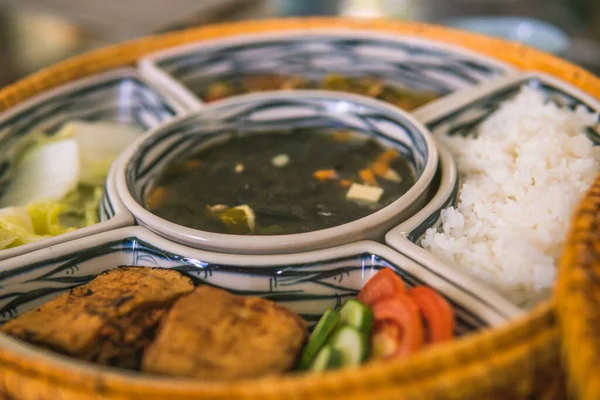 Rice Bowl Rattan Traditional Vietnamese Lunch Rice Soup Salty Food — Stock Photo, Image