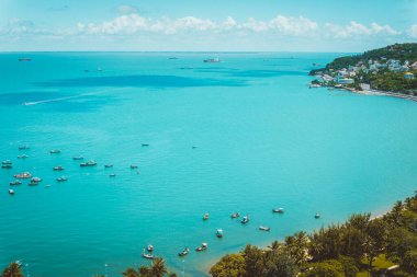 Yukarıdan Vung Tau panoramik kıyı manzarası, dalgalar, kıyı şeridi, sokaklar, hindistan cevizi ağaçları ve Vietnam 'daki Tao Phung dağı