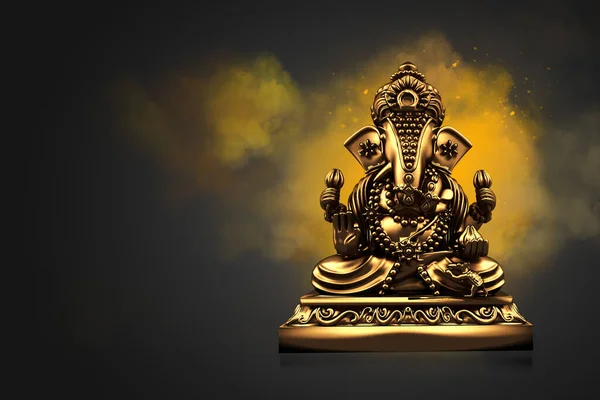Ganesha Festivali 'ndeki Ganesha heykeline odaklan. Hindu dini ve Hint bayramı Diwali festivali konsepti koyu, kırmızı, sarı arka plan. Festival ve dini konsept