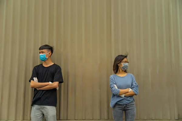 Asian Young Couple Wearing Protective Hygiene Mask Her Face Protect — Stock Photo, Image