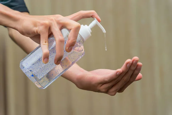 Handen Wassen Met Alcoholgel Voorkomt Verspreiding Van Bacteriën Bacteriën Voorkomt — Stockfoto