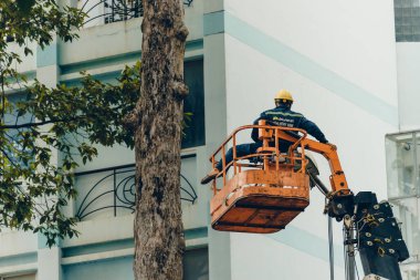 Ho Chi Minh şehri, Vietnam - 6 Ağustos 2020: Saigon, Vietnam 'da çalışan bir grup insan için turna kamyonu yolda, Vietnamlı işçiler yağmur mevsiminde yağmur mevsiminde ağaç dallarını kesmek için buharlı kaldırma üzerinde çalışıyorlar.