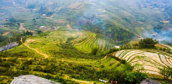 Bovenaanzicht Vanuit Lucht Van Padie Rijstterrassen Groene Landbouwvelden Het Platteland — Stockfoto