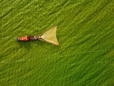 Ben Nom balıkçı köyünün hava manzarası, Tri An Gölü 'ndeki yeşil alg mevsiminin parlak, taze, yeşil bir görüntüsü, pek çok geleneksel balıkçı teknesi demirli. Dong Nai, Vietnam 'da bir yer