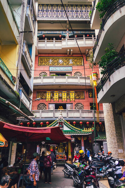 Ho Chi Minh, Vietnam - Aug 31 2020 : Outside of Thousand Buddha Temple or Chua Van Phat pagoda in District 5, Ho Chi Minh City, Vietnam near mid-Autumn festival on Aug 31 2020