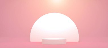 Platform sergisi bayrağı açık pembe oda arka planında modern stand podyumu. Boş sergi sahne arkası ya da boş ürün rafı. Uzayı kopyala Seçici odak.